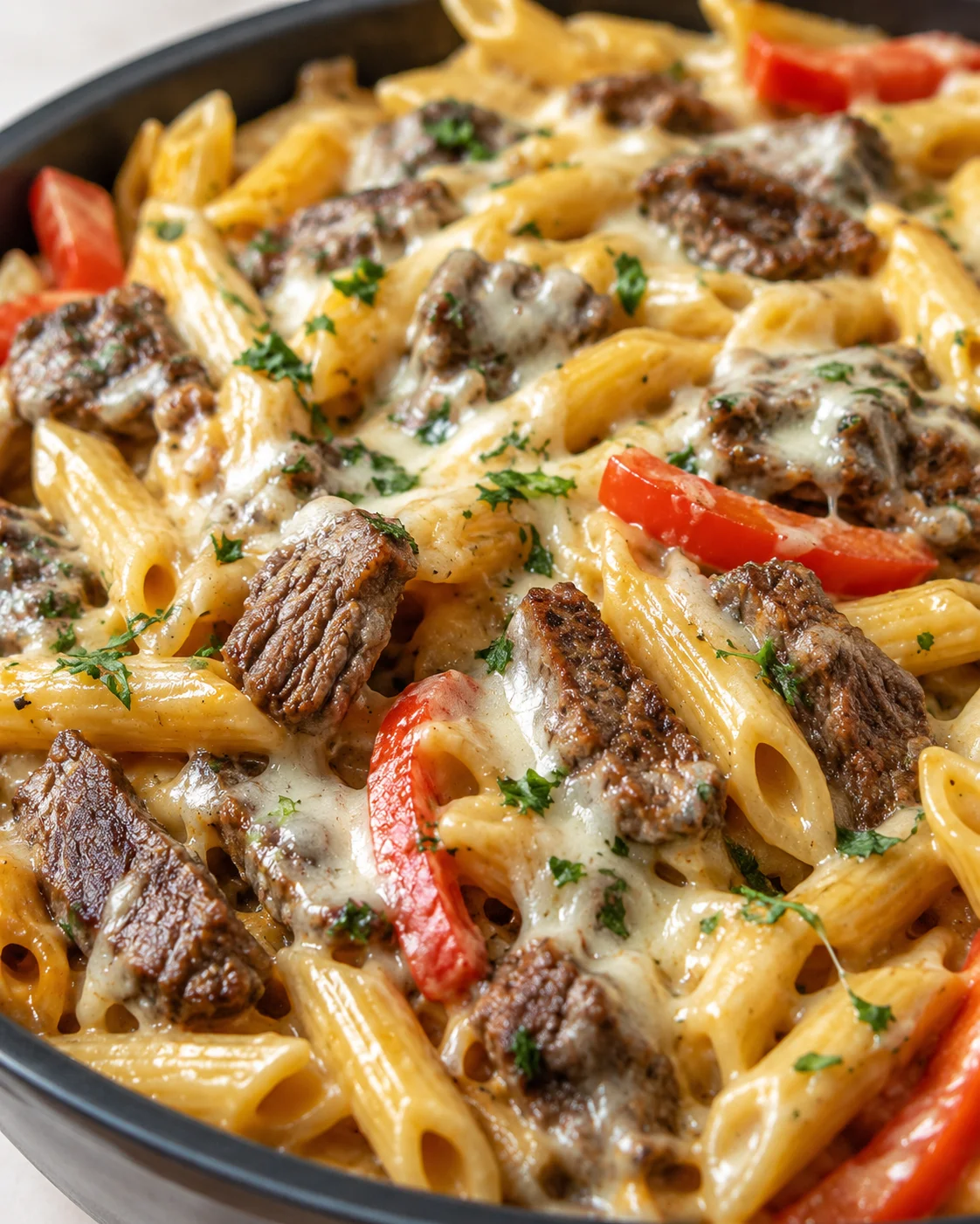 Creamy pasta with beef pieces and red peppers in a skillet, garnished with parsley.