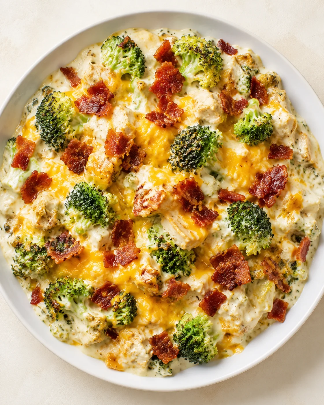 Top-down view of a creamy broccoli chicken bacon casserole with melted cheese.