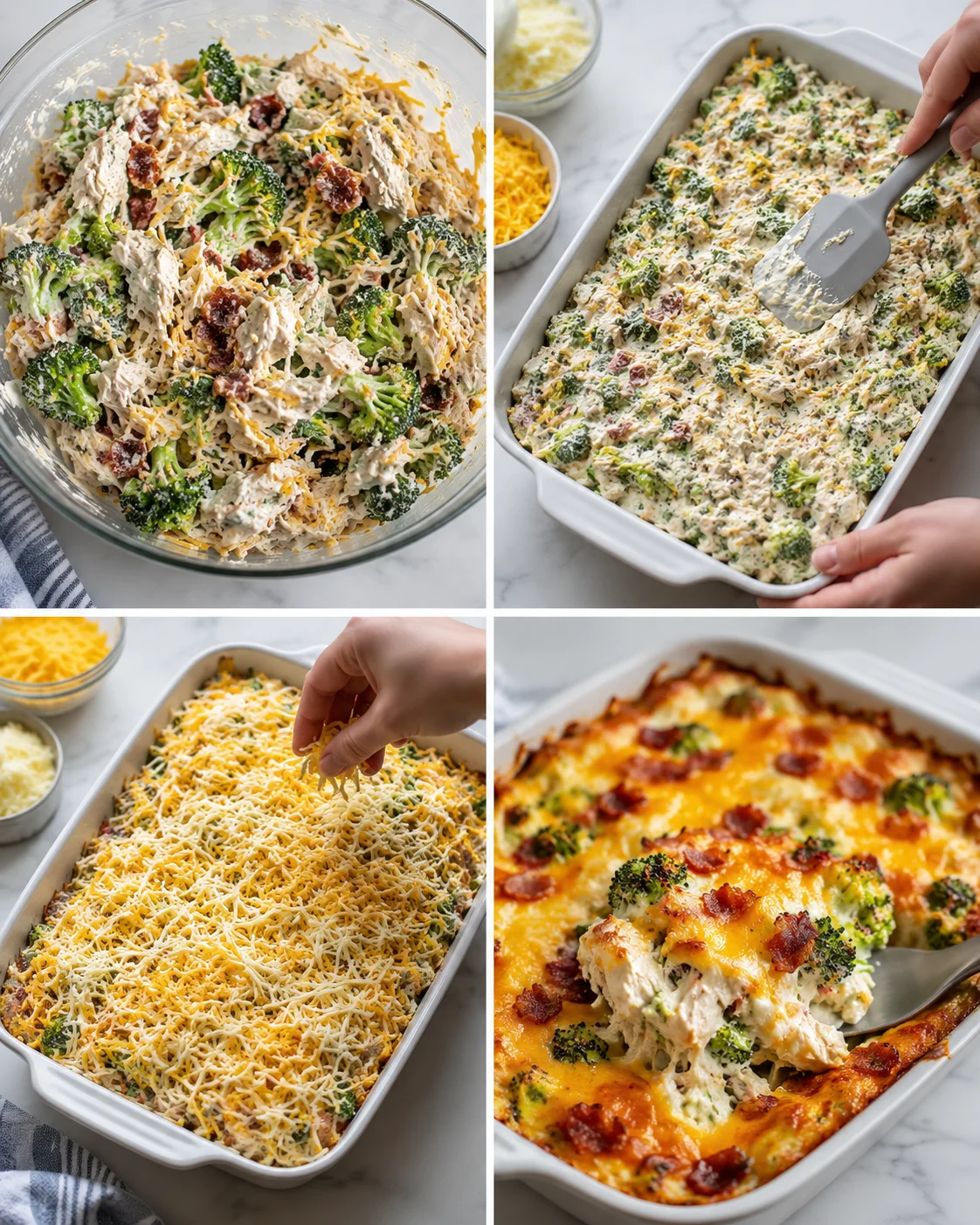 four-panel collage showing broccoli chicken casserole in mixing, assembling, topping, and baking stages