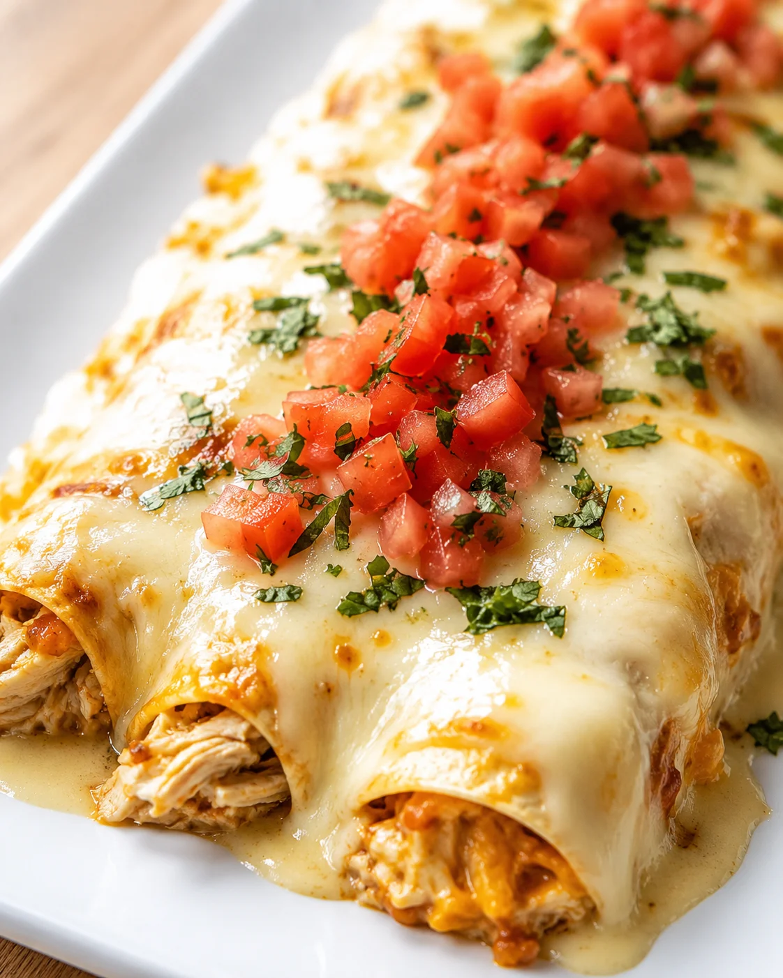 Close-up of creamy cheese-topped chicken enchiladas with diced tomatoes and cilantro