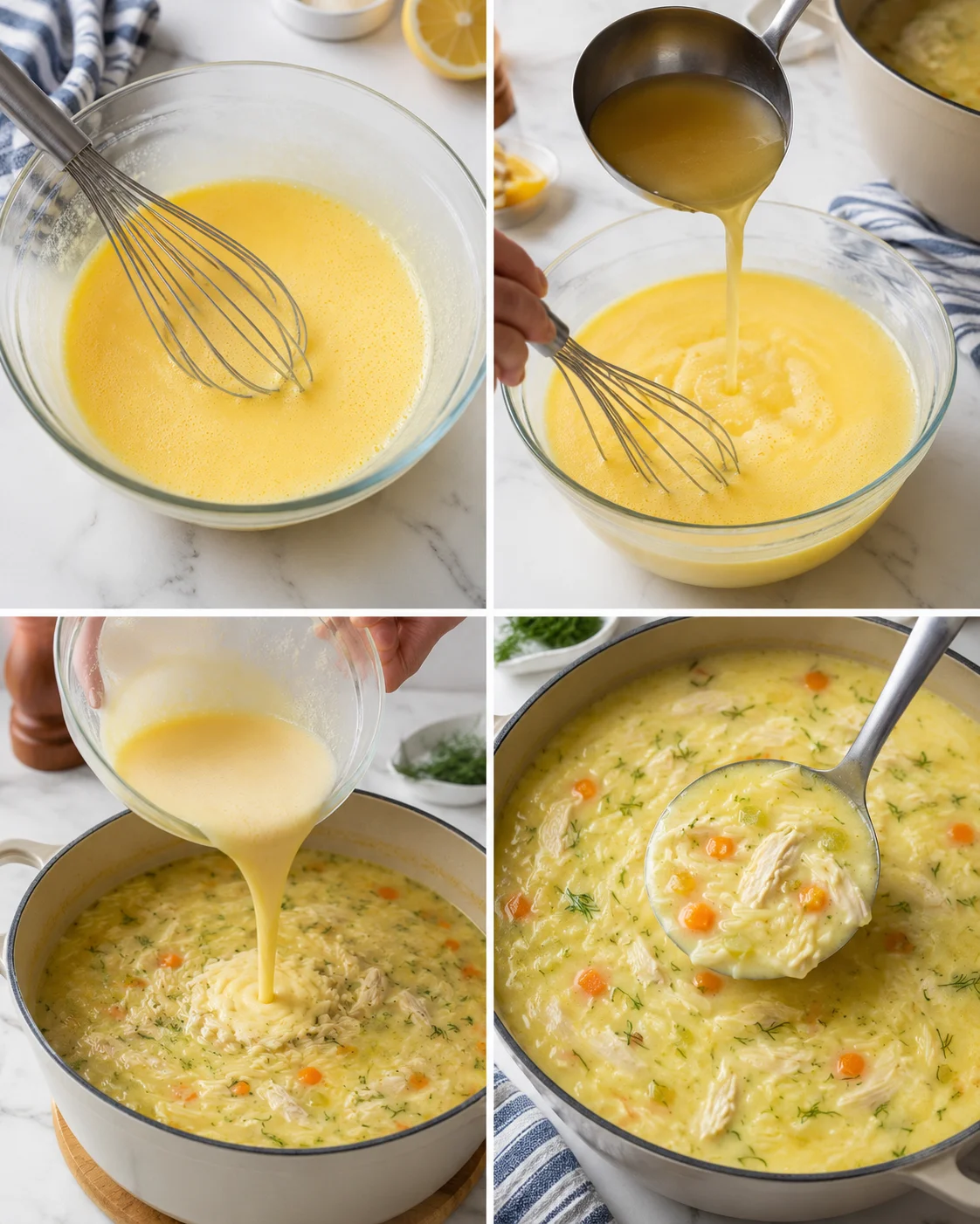 Collage showing whisking yellow batter, pouring broth into a bowl, and a pot of creamy chicken soup with vegetables.