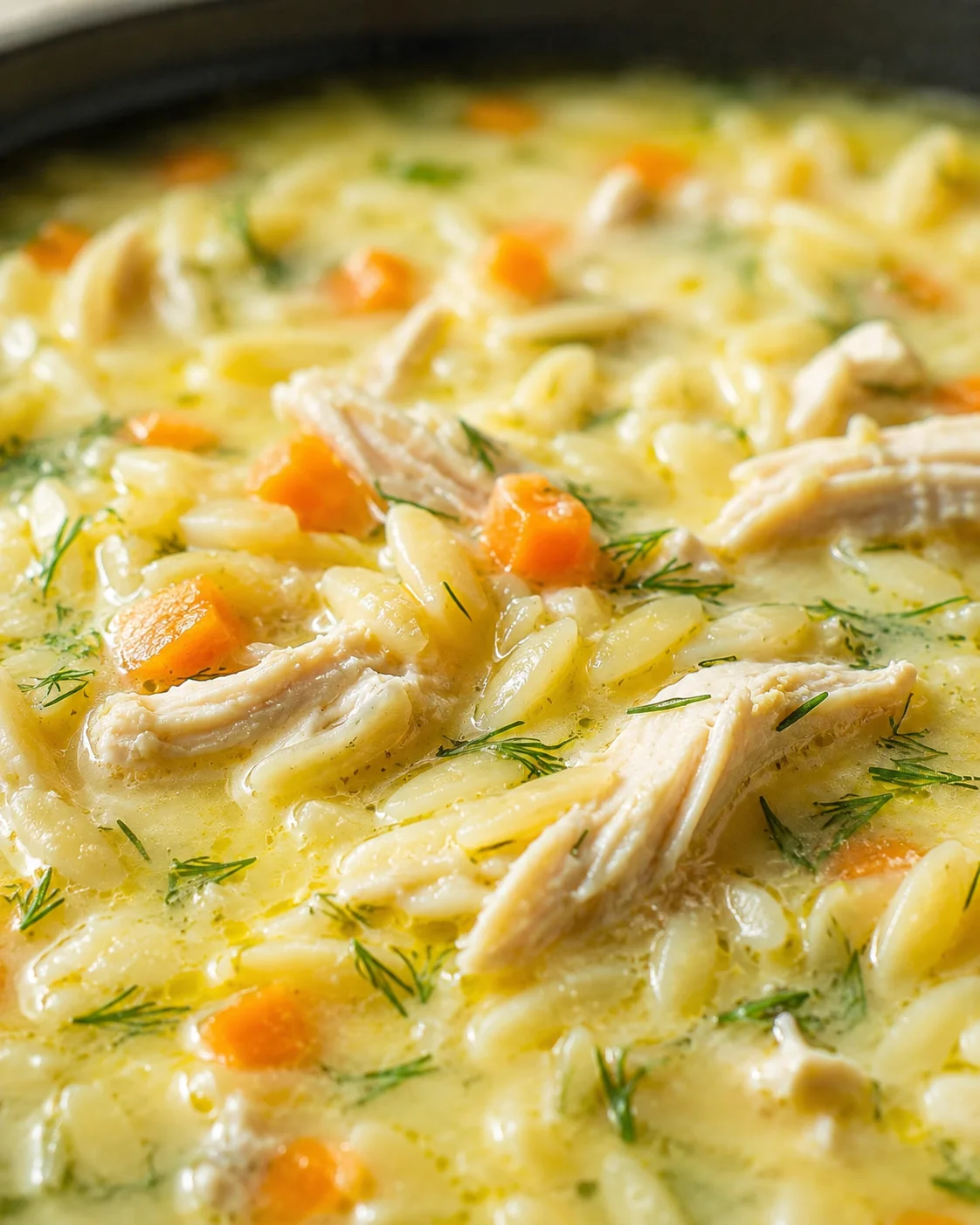 close-up of creamy chicken noodle soup with carrots, potatoes, and dill in a dark pot