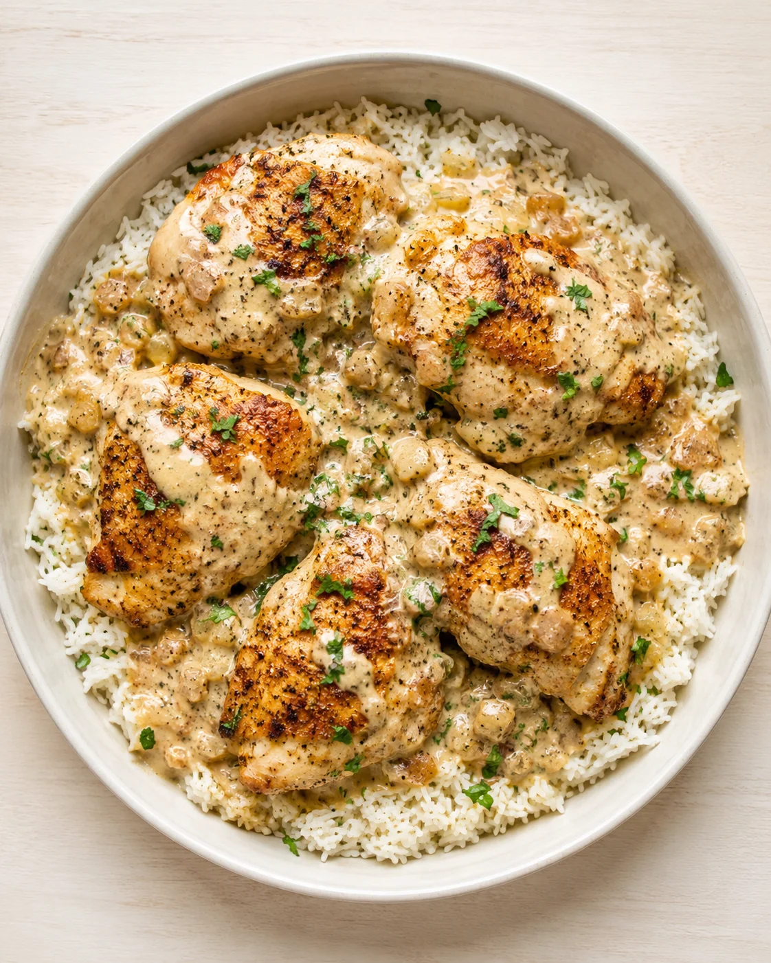 pan of white rice topped with browned chicken in creamy mushroom sauce, garnished with parsley