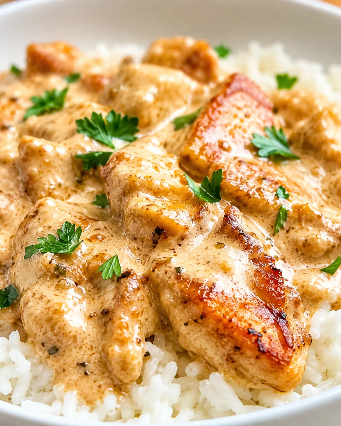 creamy chicken in sauce plated on white rice, garnished with fresh parsley leaves.