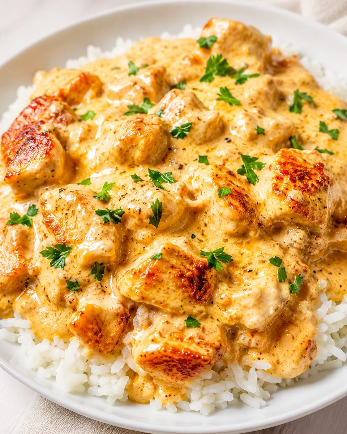 Creamy chicken in sauce served over white rice, garnished with chopped parsley.
