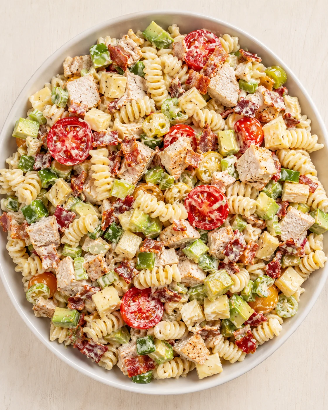 Creamy pasta salad with cherry tomatoes, avocado, chicken, and bacon crumbles in a bowl.