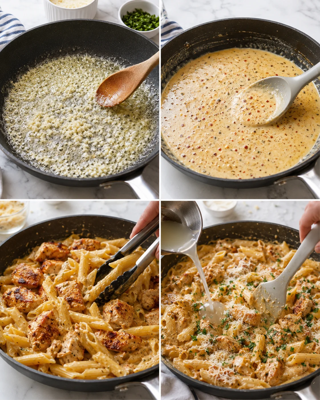 Four-panel collage showing step-by-step preparation of creamy chicken penne pasta with butter, sauce, and cheese.