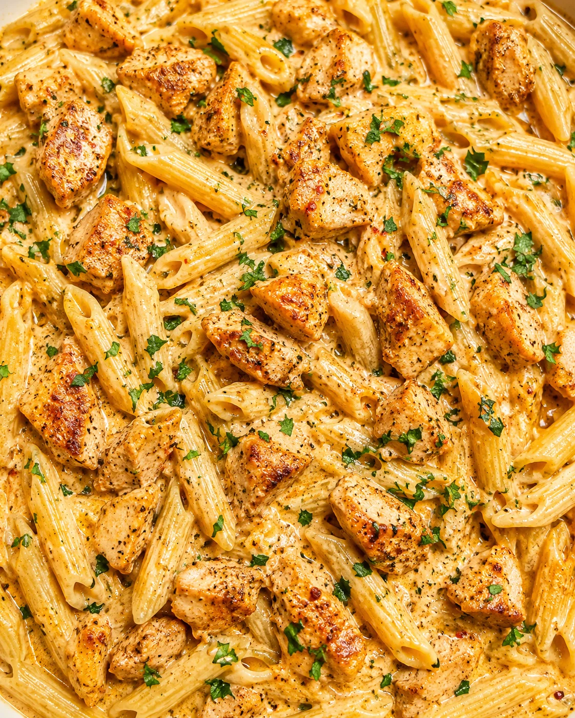 Creamy chicken penne pasta with browned chicken pieces and parsley garnish