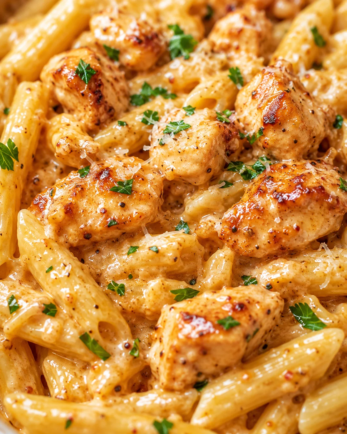 Close-up of creamy chicken and penne pasta with parmesan sauce and parsley.
