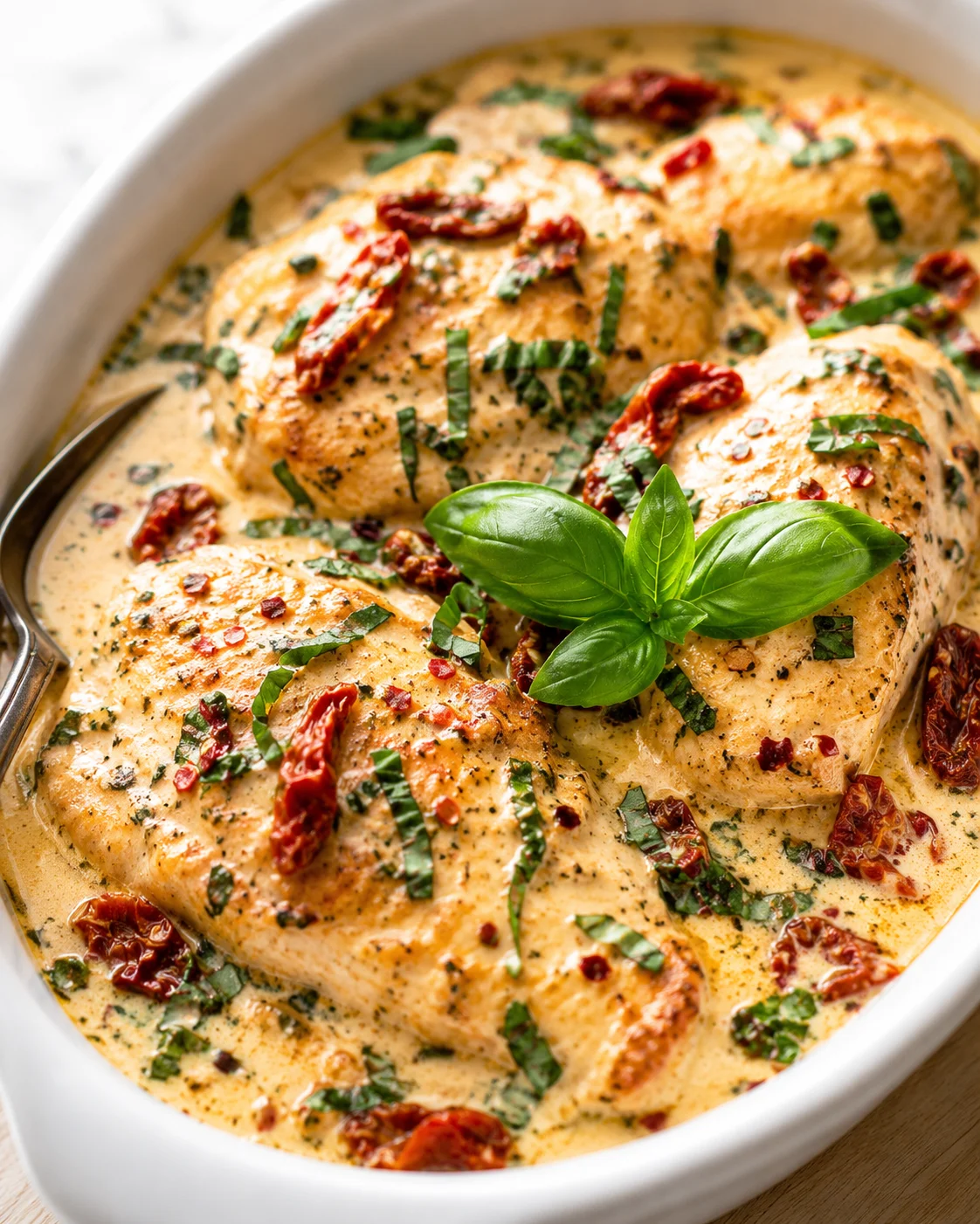 Creamy chicken in sauce with sun-dried tomatoes, herbs, and fresh basil garnish.