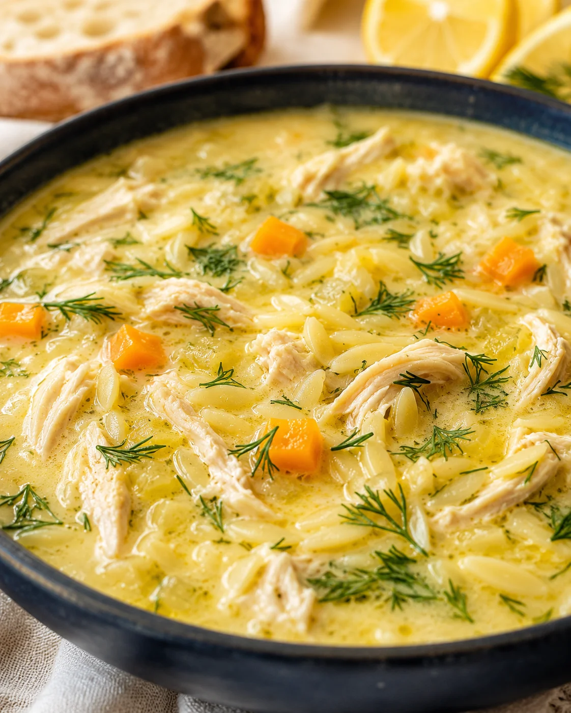 Creamy yellow soup with shredded chicken, pasta, carrots, and dill in a dark blue bowl