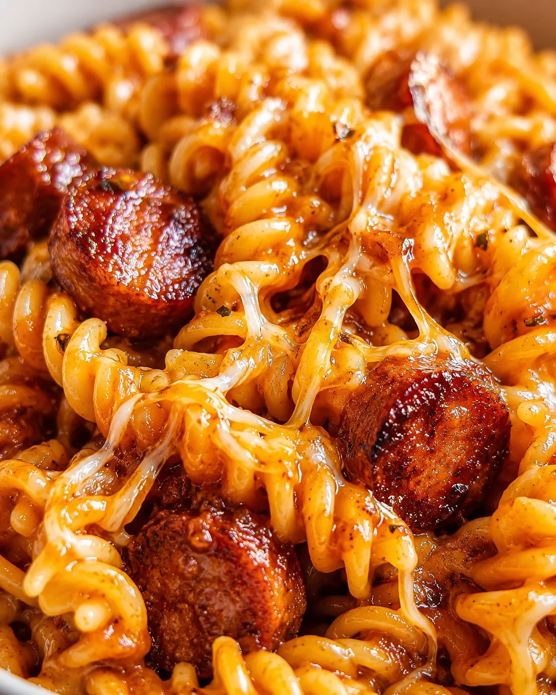 Close-up of creamy pasta with meatballs and gooey melted cheese