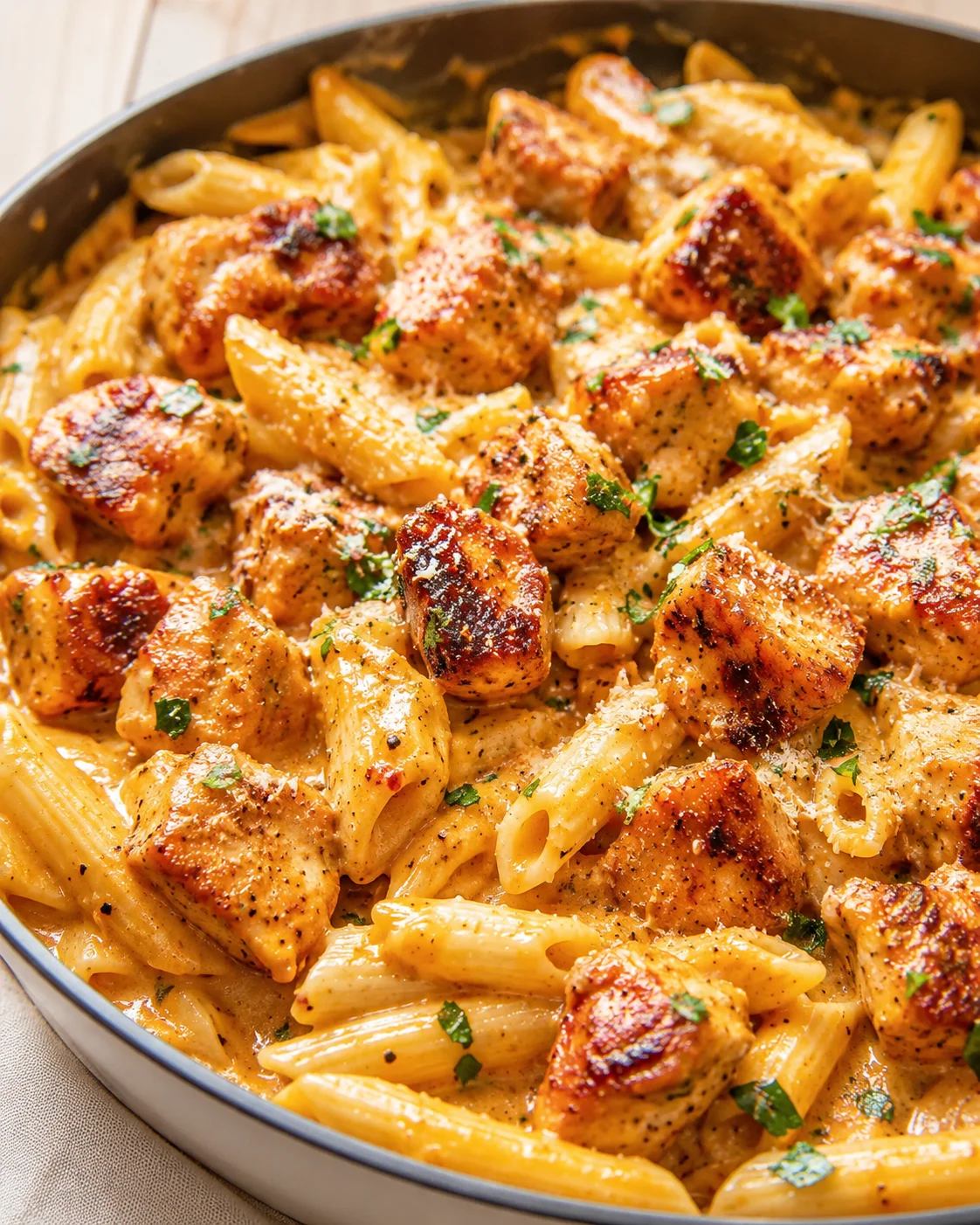 creamy chicken pasta with browned chicken bites and penne in a skillet, garnished with parsley