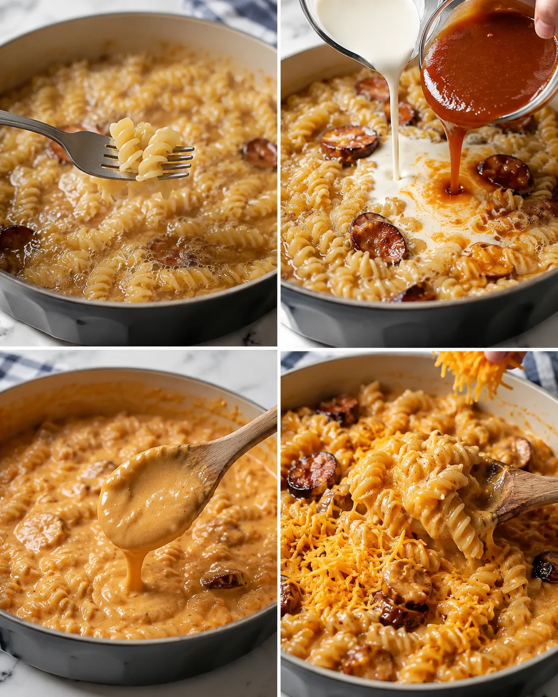 Collage showing creamy sausage pasta being prepared in a skillet with sauce and cheese.