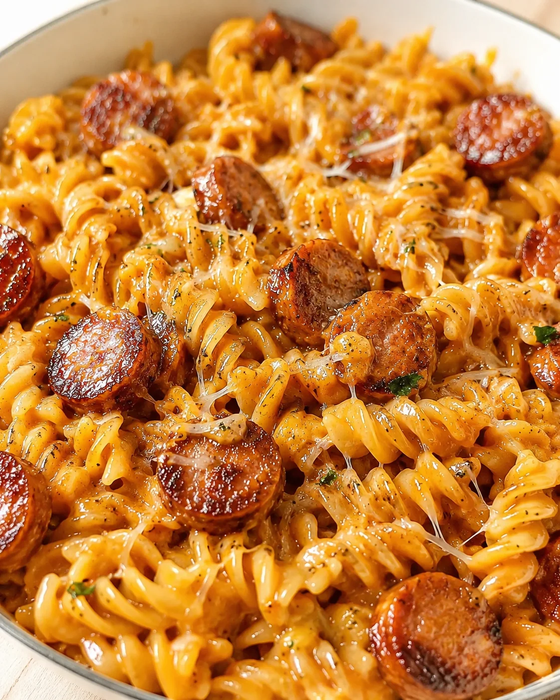 Close-up of creamy sausage pasta in a skillet with melted cheese.