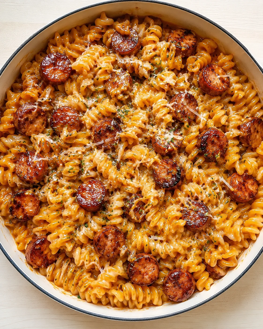 Top-down view of creamy cheese-coated fusilli pasta with browned sausage slices and parsley in a skillet.