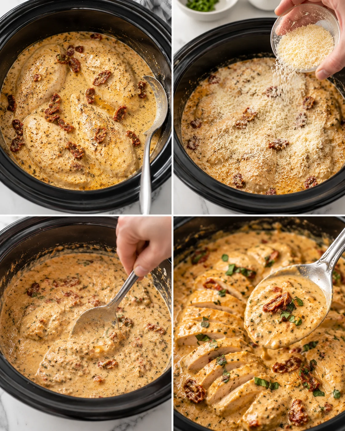 collage of slow cooker chicken in creamy sauce with sun-dried tomatoes and grated cheese