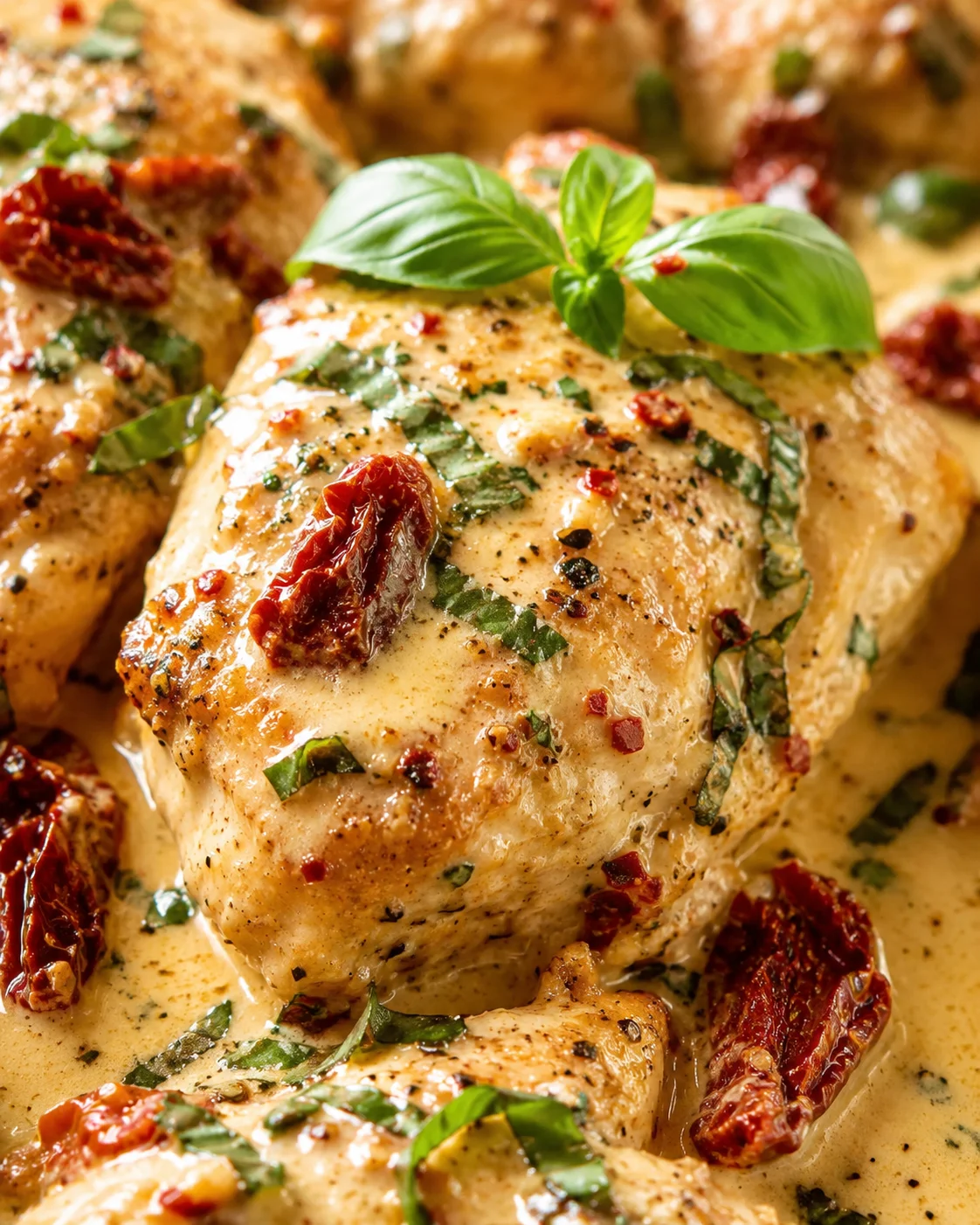 close-up of creamy herb chicken with sun-dried tomatoes and basil garnish