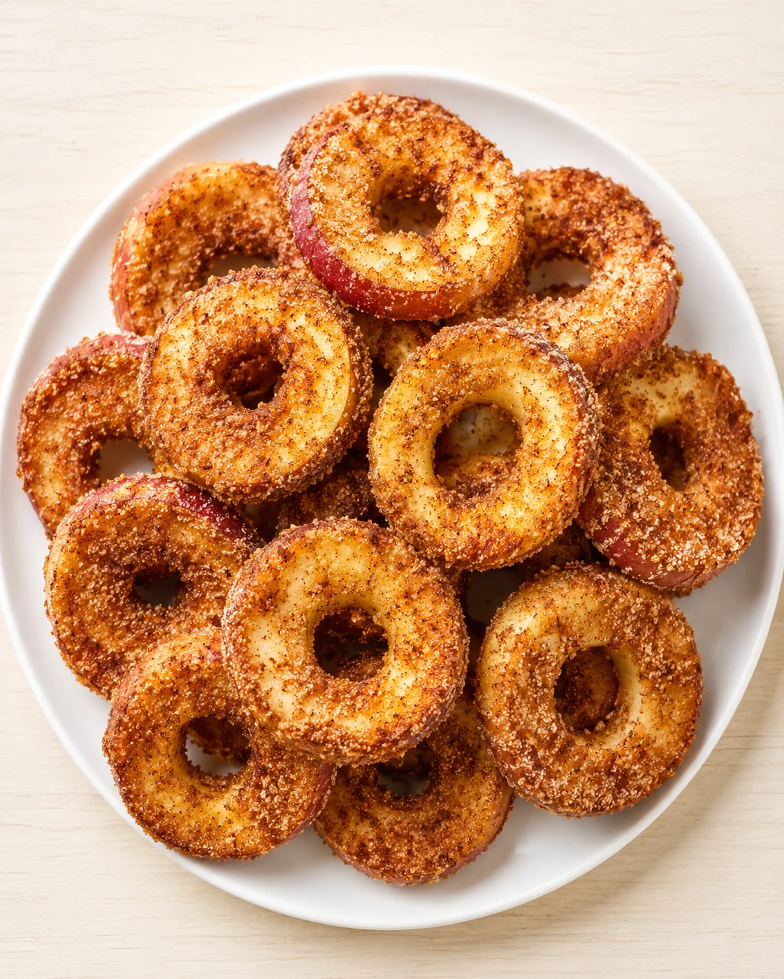 White plate piled with crispy breadcrumb-coated onion rings on a pale wooden surface.