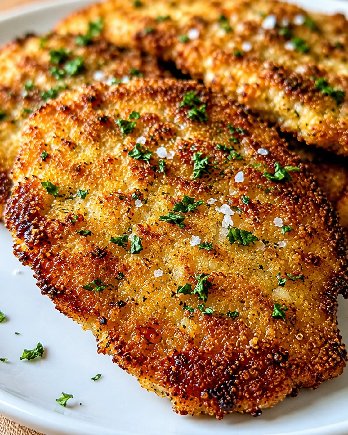 Golden crispy breaded cutlets with parsley on a white plate