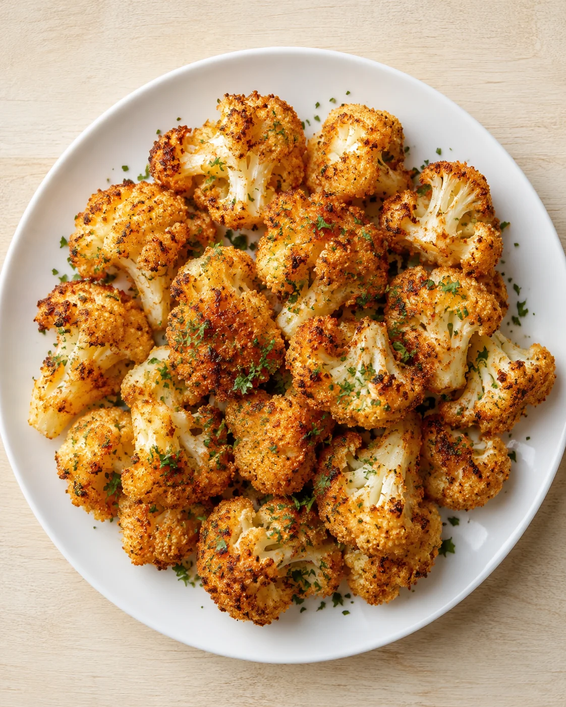 Plate of crispy baked cauliflower florets with herbs on a light wood table.