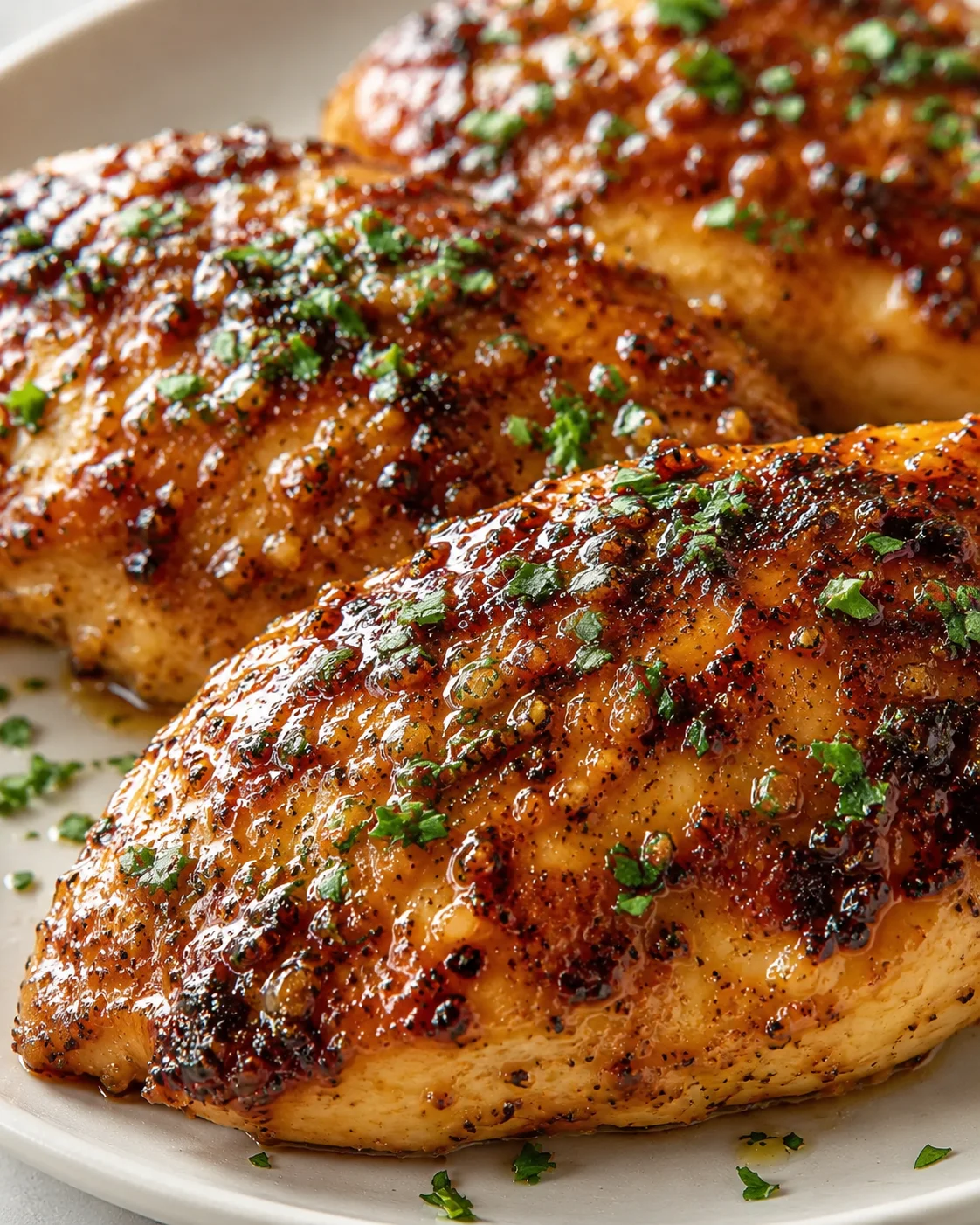 close-up of crispy herb-roasted chicken thighs on a white plate