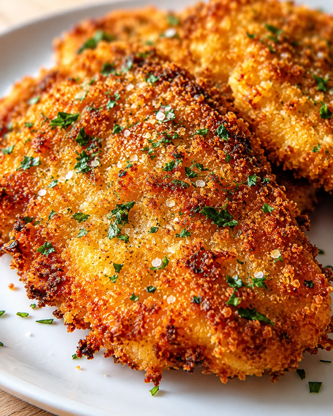 Close-up of crispy breadcrumb-crusted chicken cutlets garnished with parsley on a white plate.