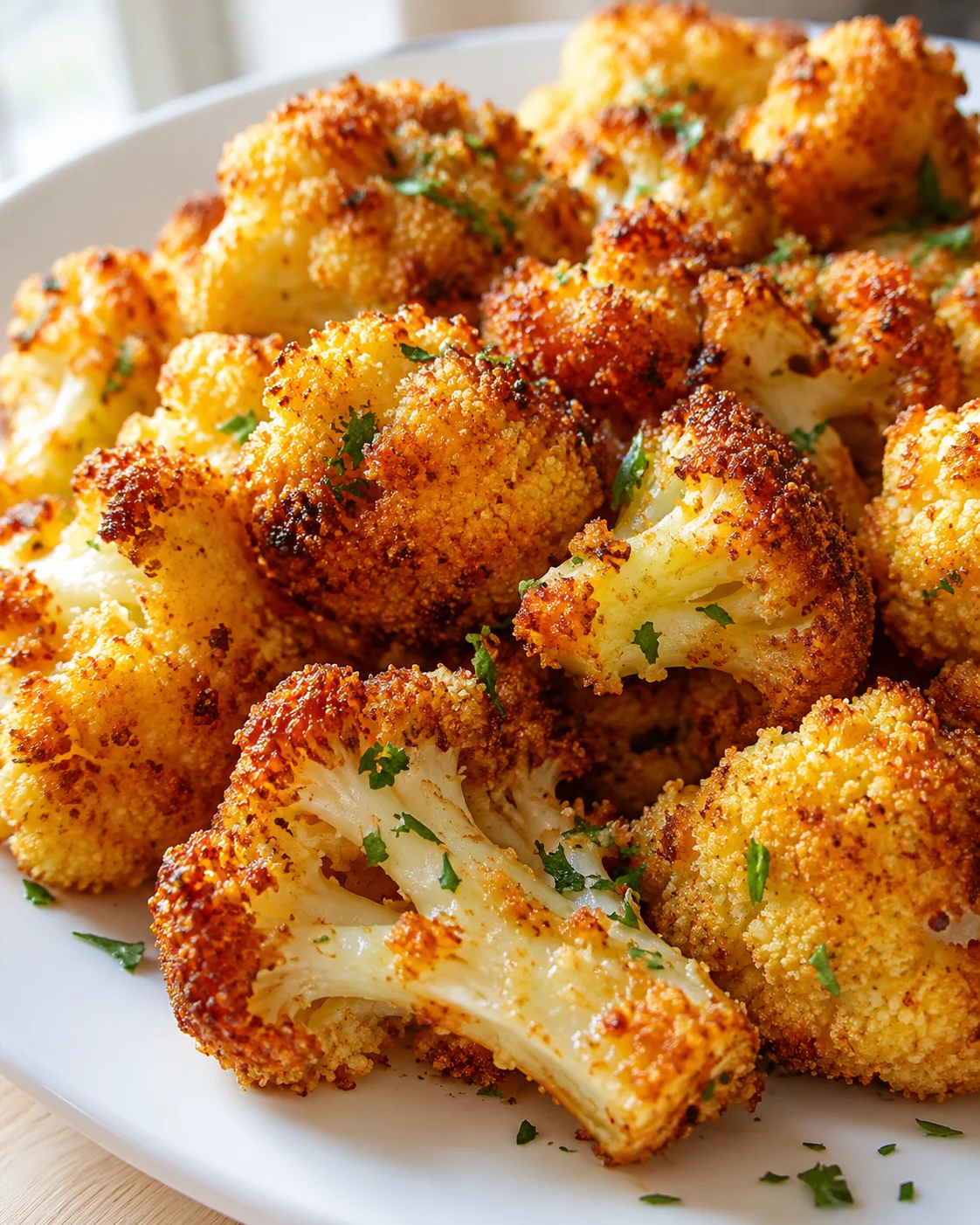 Golden-brown, crispy breaded cauliflower florets sprinkled with parsley on a white plate.