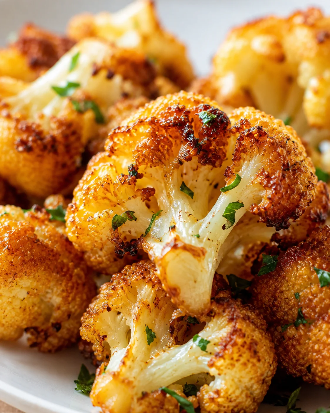 Golden-brown crispy roasted cauliflower florets, plated on a white dish, garnished with parsley.