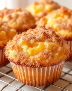 golden peach-filled muffins with crumb topping cooling on a rack