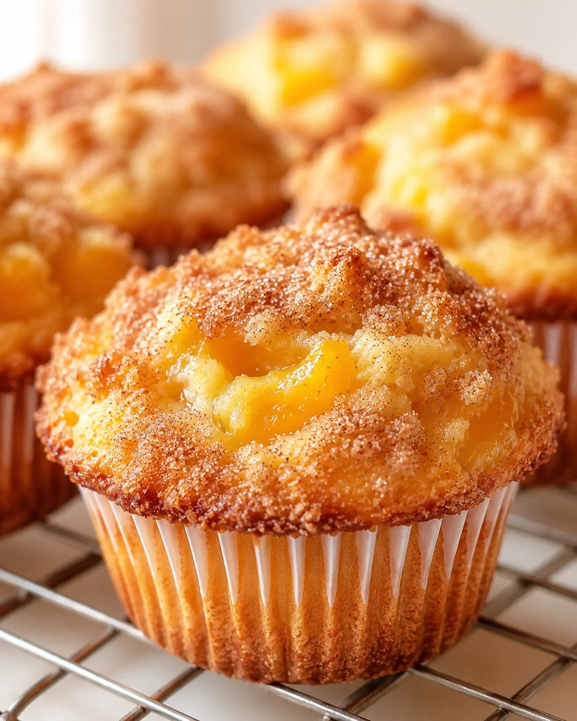 golden peach-filled muffins with crumb topping cooling on a rack