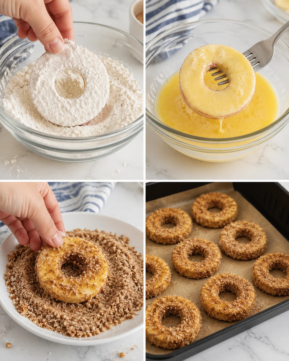 A four-panel collage showing donut-making steps: flour-dusted ring, egg wash, crumb coating, baked donuts