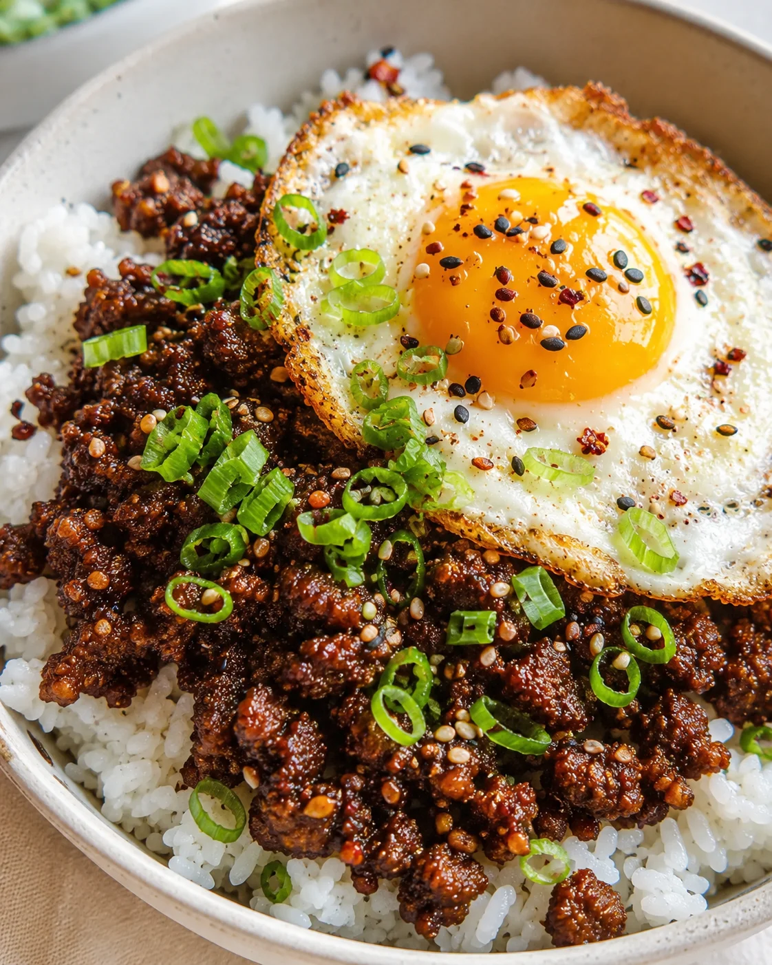 Close-up of a rice bowl with spicy minced meat, a sunny-side egg, green onions, and sesame seeds.