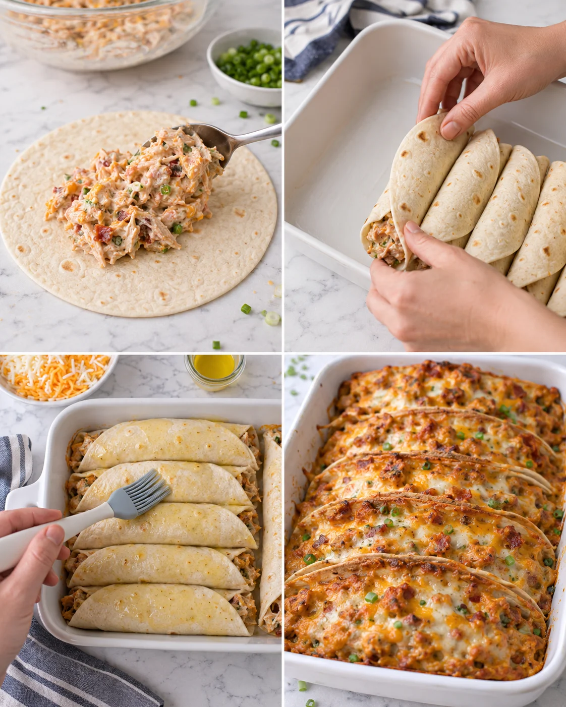 collage of four panels showing assembling enchiladas: filling, rolling, arranging, and baking