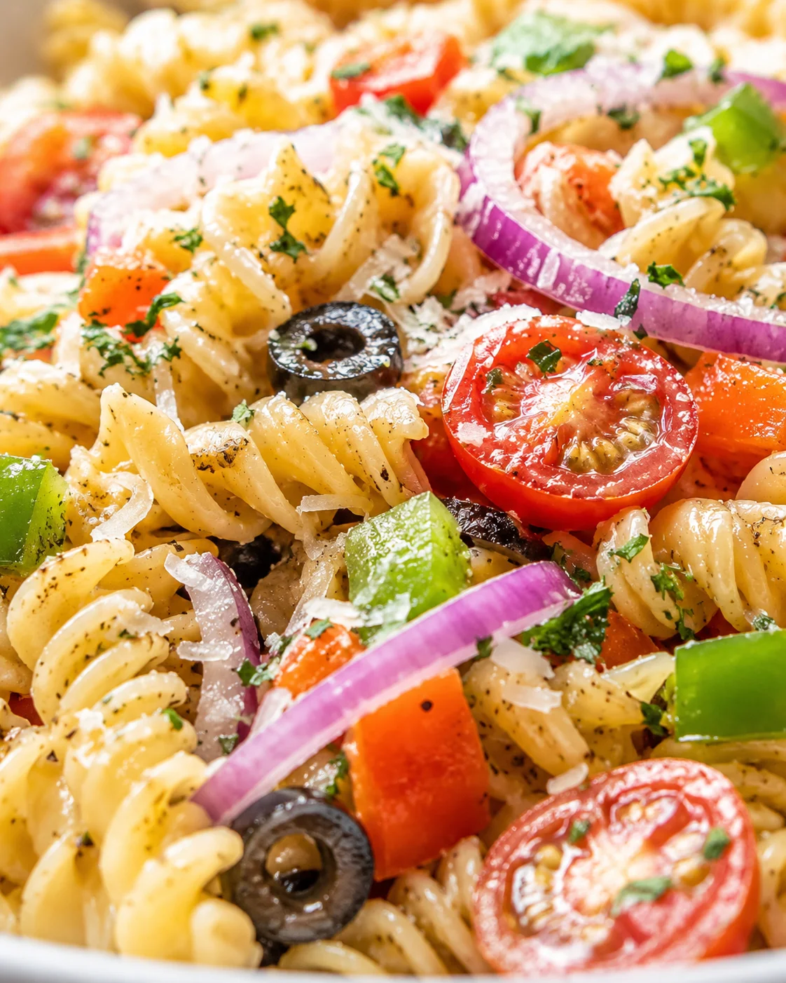 Close-up of fusilli pasta with cherry tomatoes, red onion, olives, bell peppers, and herbs.