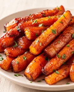 Glossy glazed carrot fries on a beige plate, garnished with parsley.