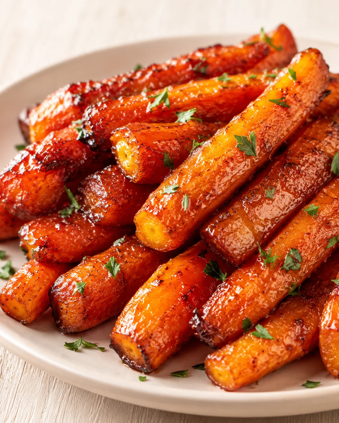 Glossy glazed carrot fries on a beige plate, garnished with parsley.
