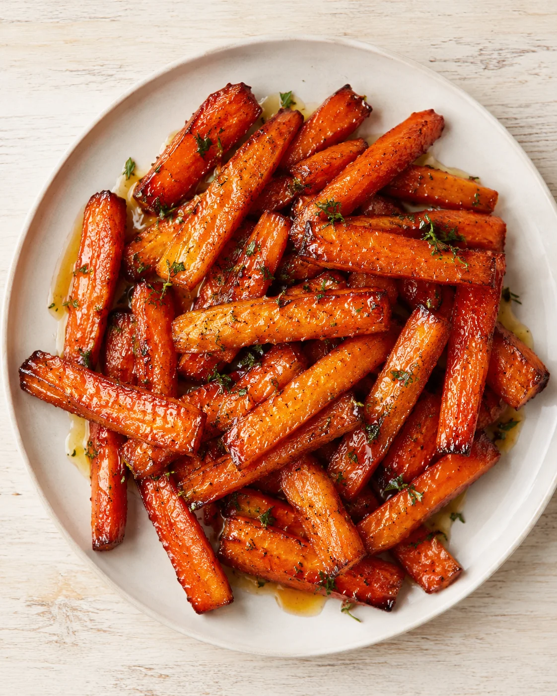 Plated caramelized glazed carrot fries garnished with chopped herbs on a light wooden surface.