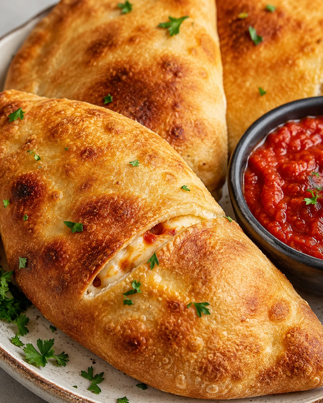 Close-up of golden-brown calzones on a plate with parsley and a side bowl of red marinara.