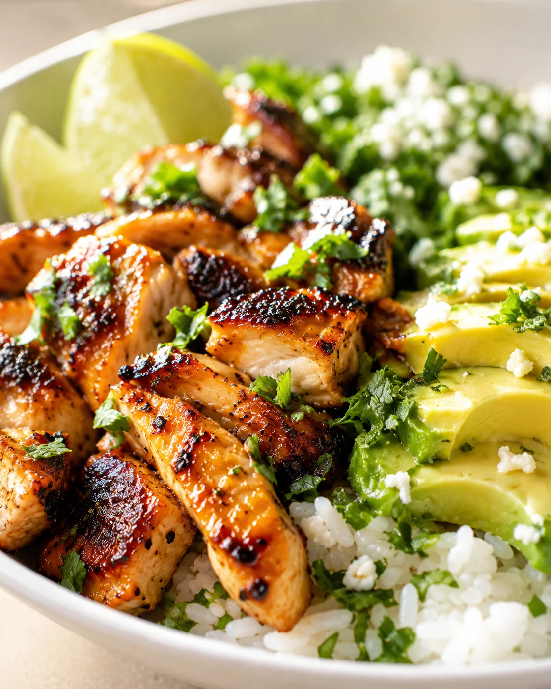 Grilled chicken with avocado slices, cilantro, and rice in a white bowl, lime wedges in background.