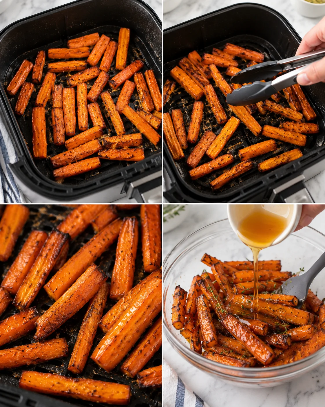 Collage showing orange carrot fries roasted in an air fryer, flipped with tongs, and honey being poured.