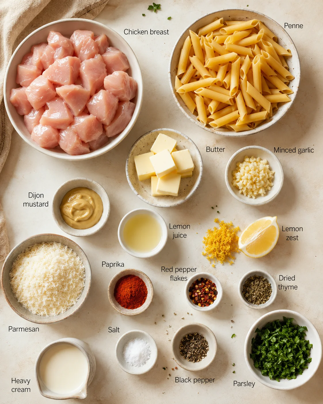 overhead view of mis-en-place ingredients for chicken pasta: chicken cubes, penne, butter, garlic, lemon, and spices.