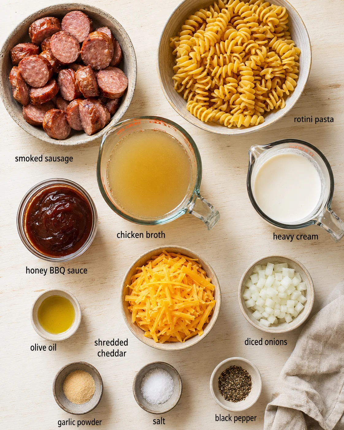 Overhead view of labeled ingredients for pasta, including sausage, pasta, broth, dairy, and spices.