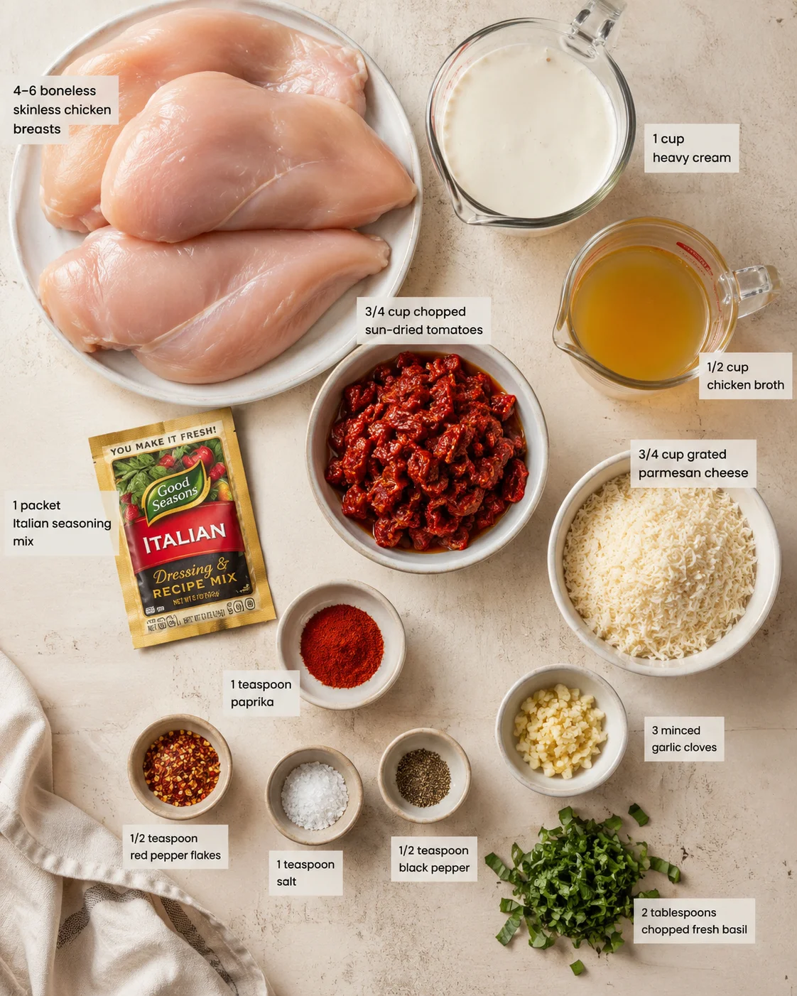 Overhead shot of raw chicken breasts with bowls of cream, broth, sun-dried tomatoes, parmesan, and spices laid out with labeled cards on a light countertop.