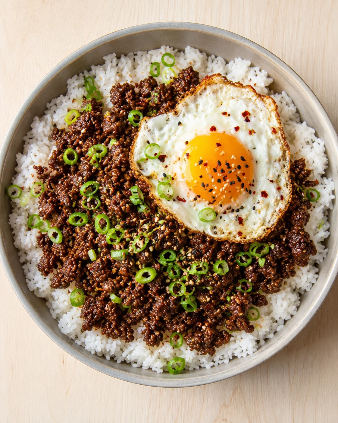 bowl of white rice topped with seasoned ground beef, a sunny-side-up egg, and sliced green onions