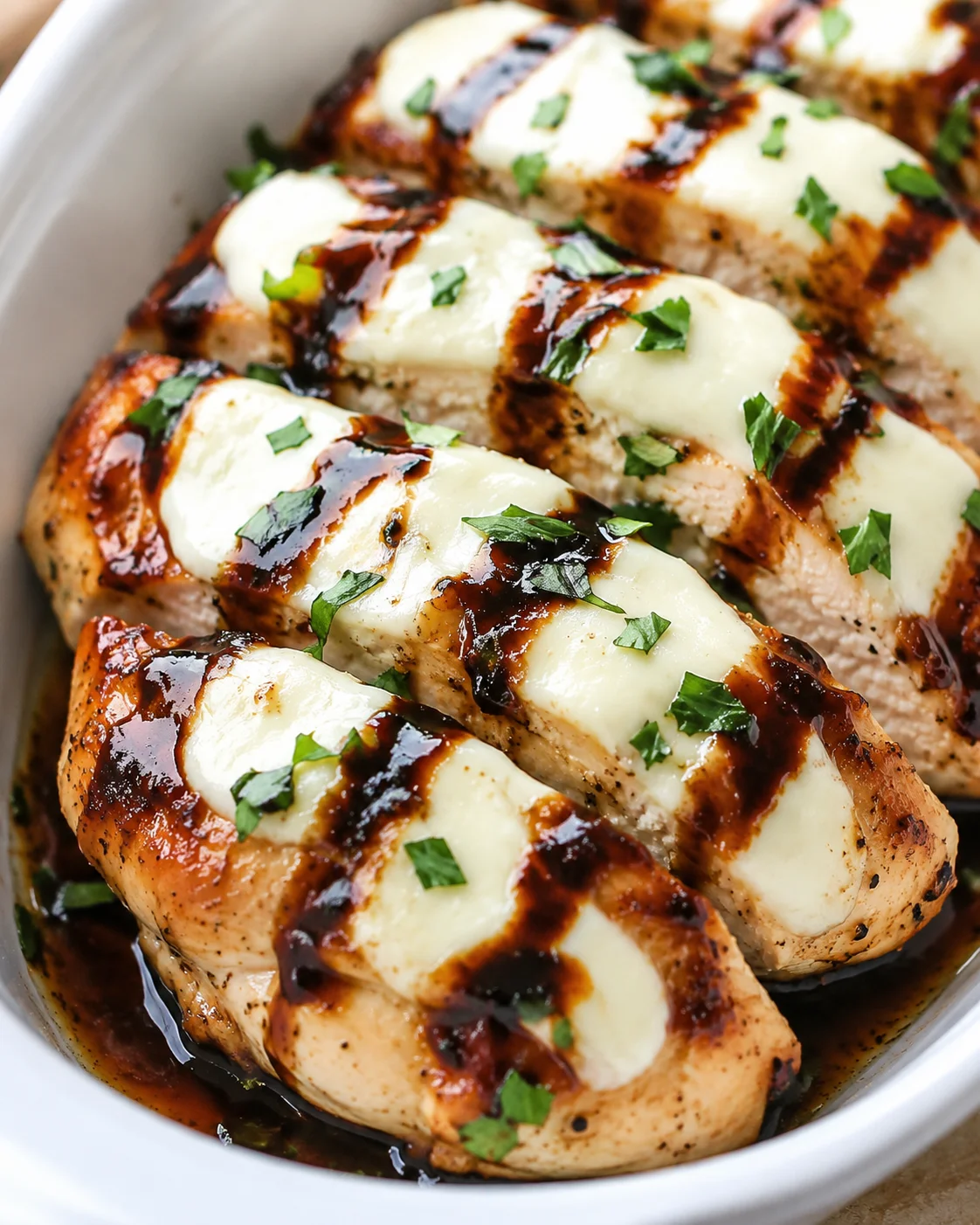 Baked chicken pieces topped with melted mozzarella, drizzled with balsamic glaze and parsley.