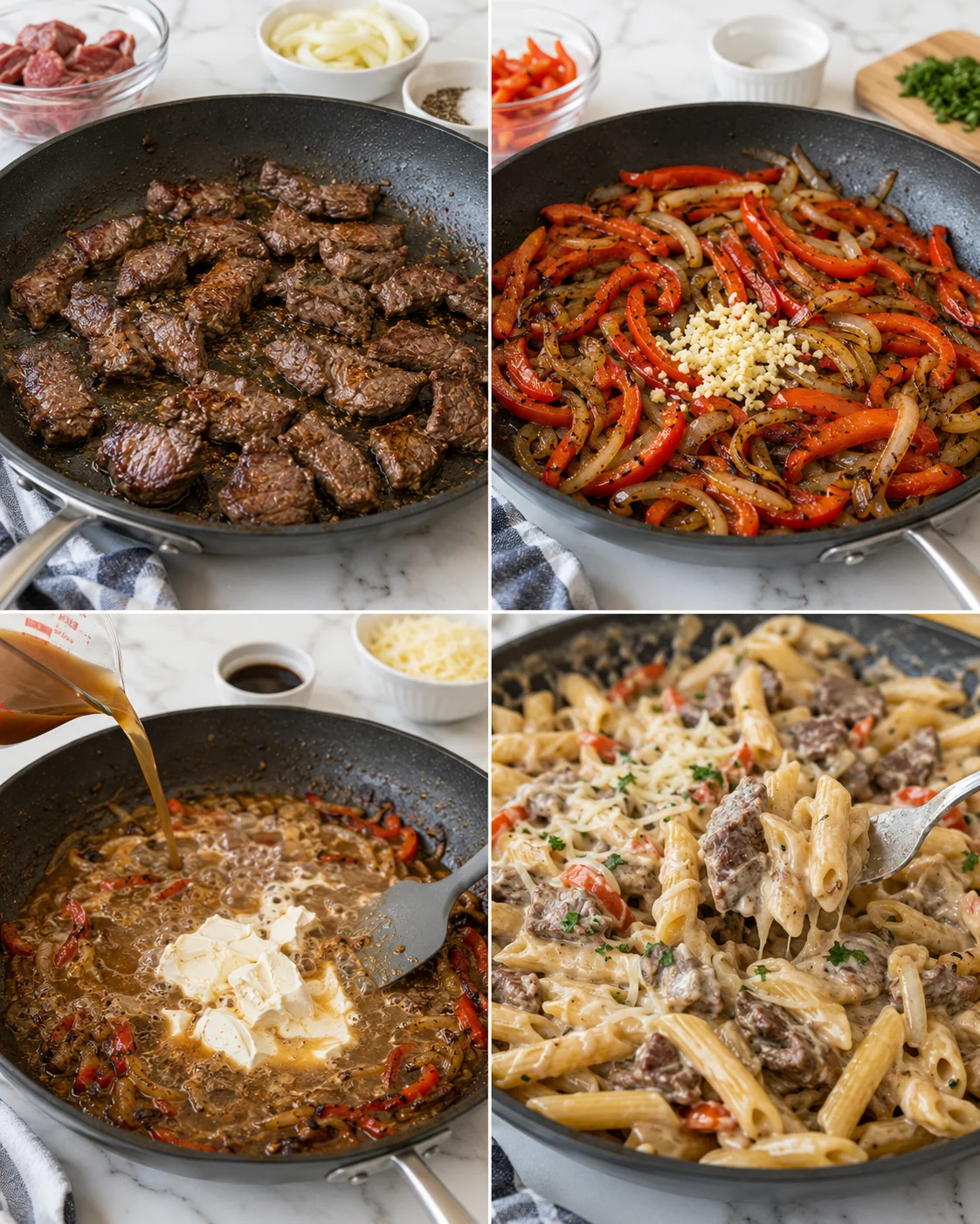 Collage showing beef searing, onions and peppers, simmering sauce, and creamy beef pasta.
