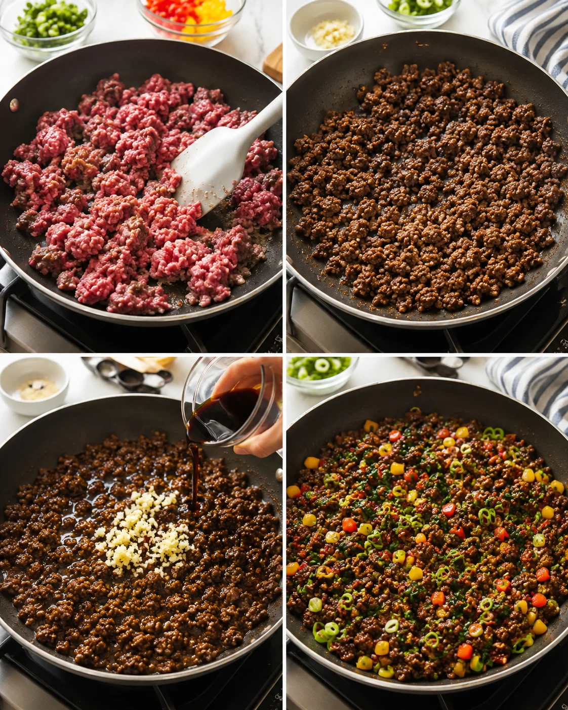 Collage showing raw ground beef, browned beef, sauce being poured, and final beef filling with peppers
