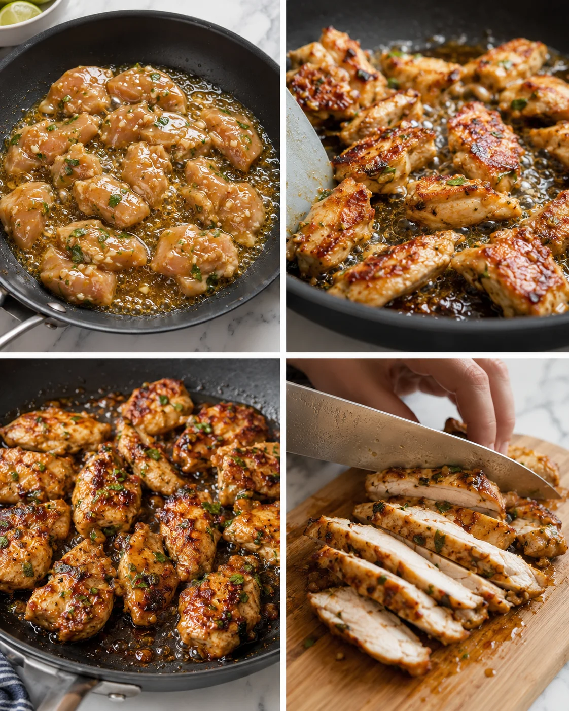 collage of four panels: chicken searing, browning, glazing, and being sliced on a cutting board