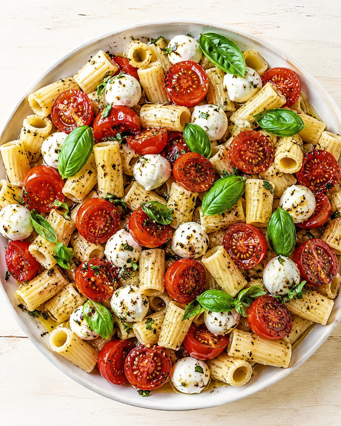 round white bowl of rigatoni pasta with cherry tomatoes, mozzarella balls, and fresh basil on a light wooden surface